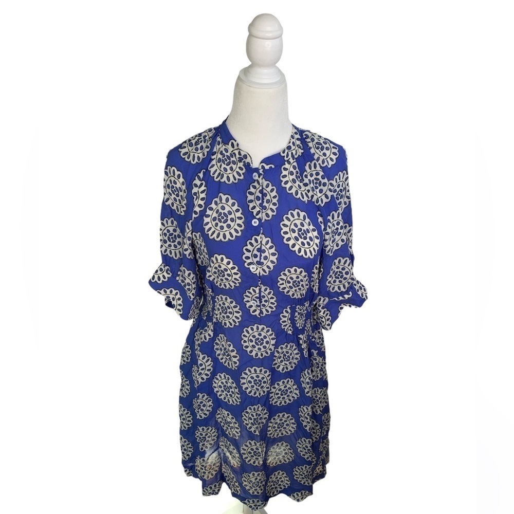 Baum Und Pferdgarten Silk Blue Fit & Flare Smocked Mini Dress sz 38